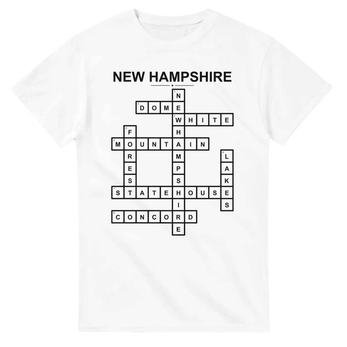 Monochrome crossword sheet for New Hampshire, with a large place-name heading, a letter grid, and numbered across and down clues.