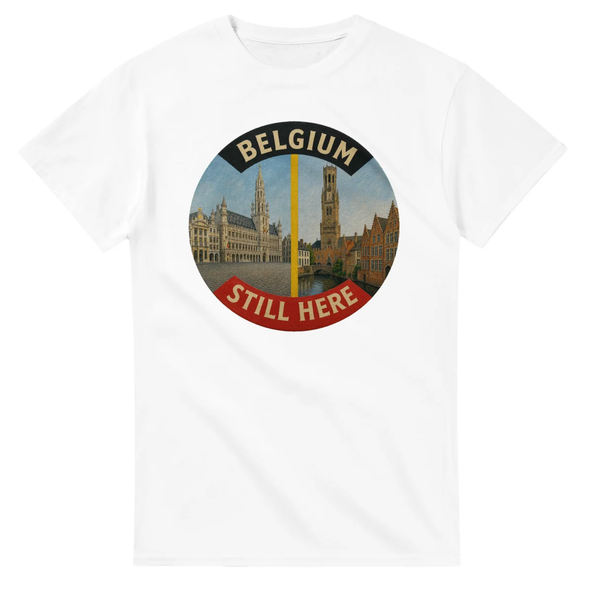Painted, panelled scenic illustration for Belgium, with paired local scenes and the place name in lettering.