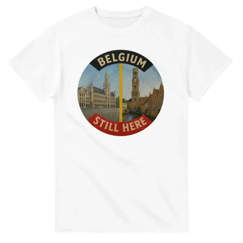 Painted, panelled scenic illustration for Belgium, with paired local scenes and the place name in lettering.
