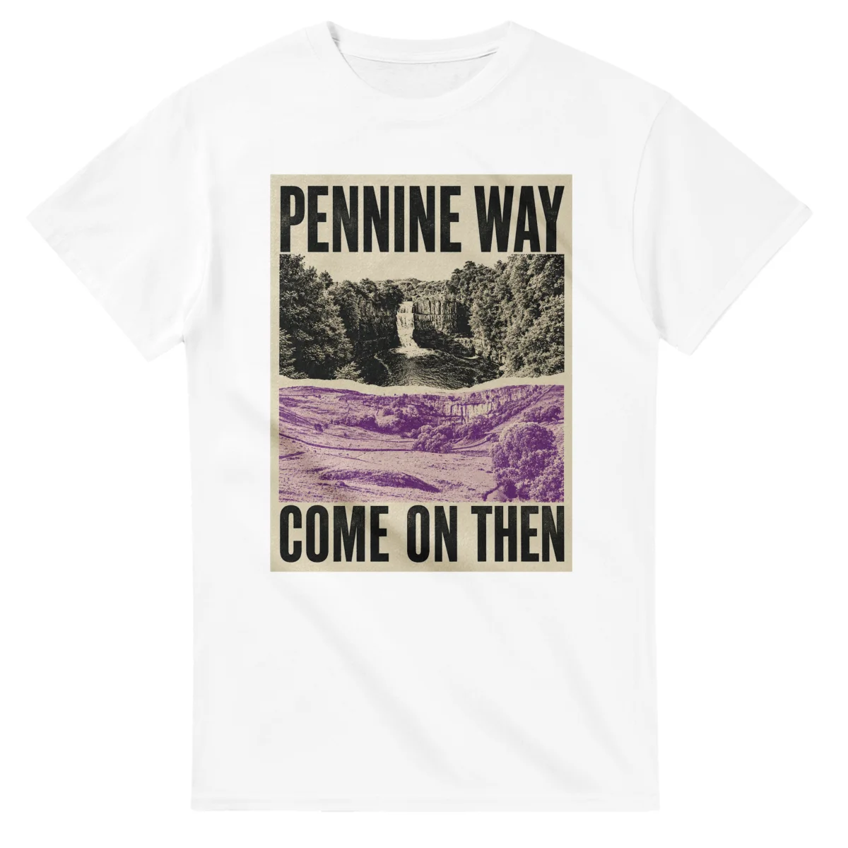 Two-colour scenic illustration for Pennine Way, with the place name and COME ON THEN lettering.