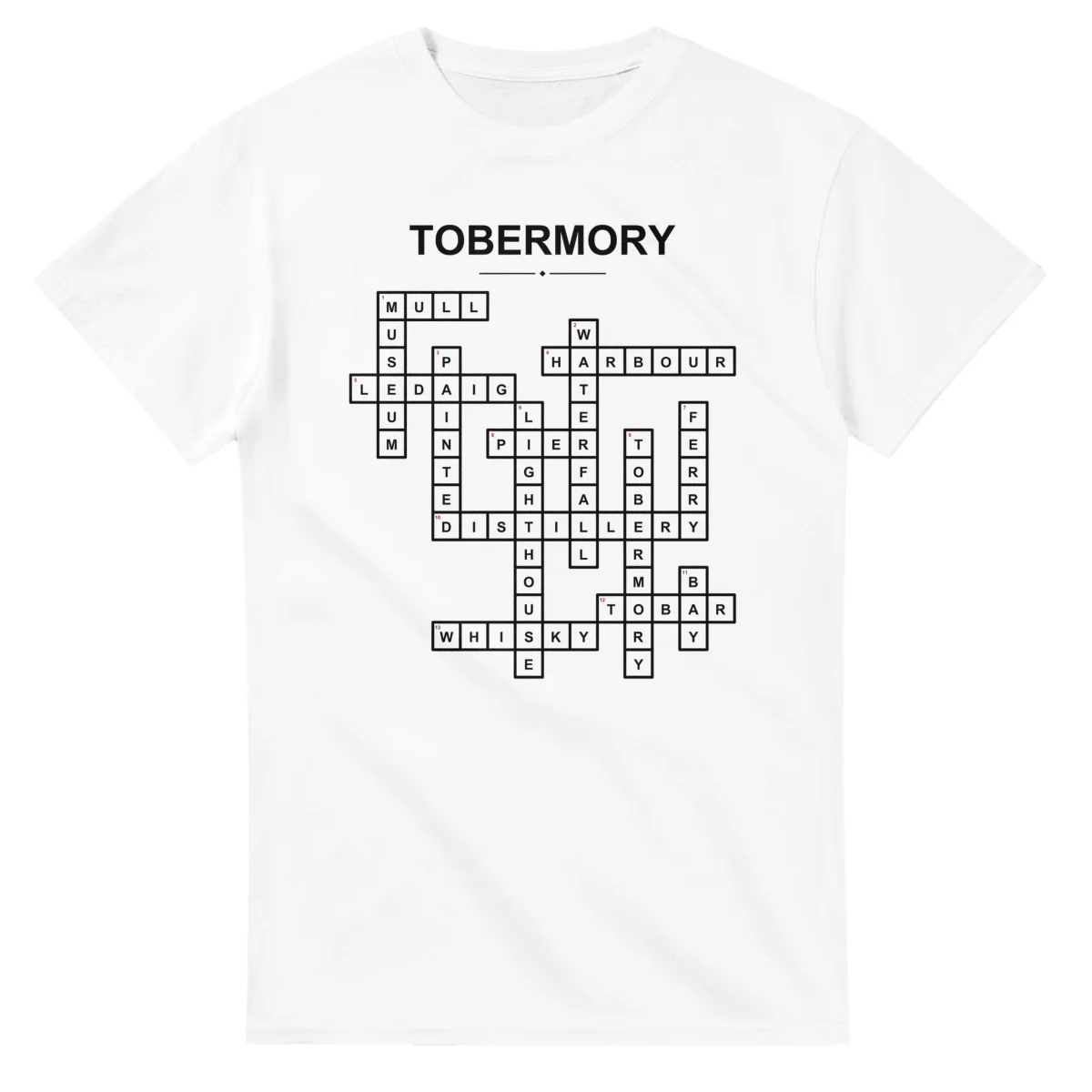 Monochrome crossword sheet for Tobermory, with a large place-name heading, a letter grid, and numbered across and down clues.