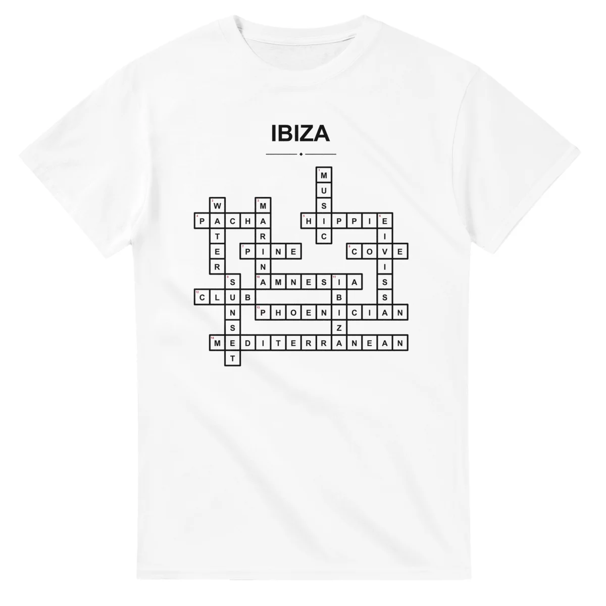 Monochrome crossword sheet for Ibiza, with a large place-name heading, a letter grid, and numbered across and down clues.