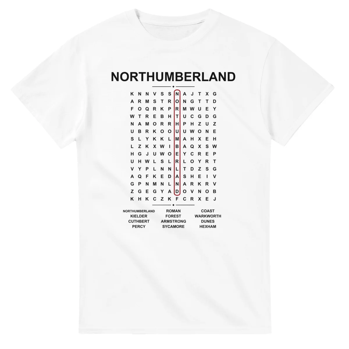 Word-search sheet for Northumberland, with a large place-name heading, a letter grid, a local answer list, and a red highlighted example word.
