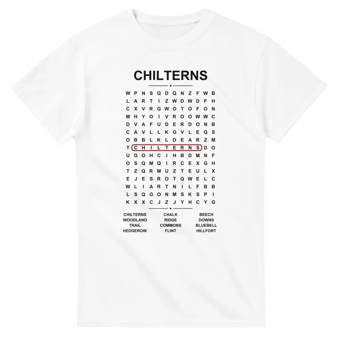 Word-search sheet for Chilterns, with a large place-name heading, a letter grid, a local answer list, and a red highlighted example word.