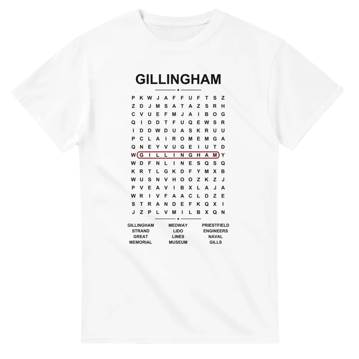 Word-search sheet for Gillingham, with a large place-name heading, a letter grid, a local answer list, and a red highlighted example word.