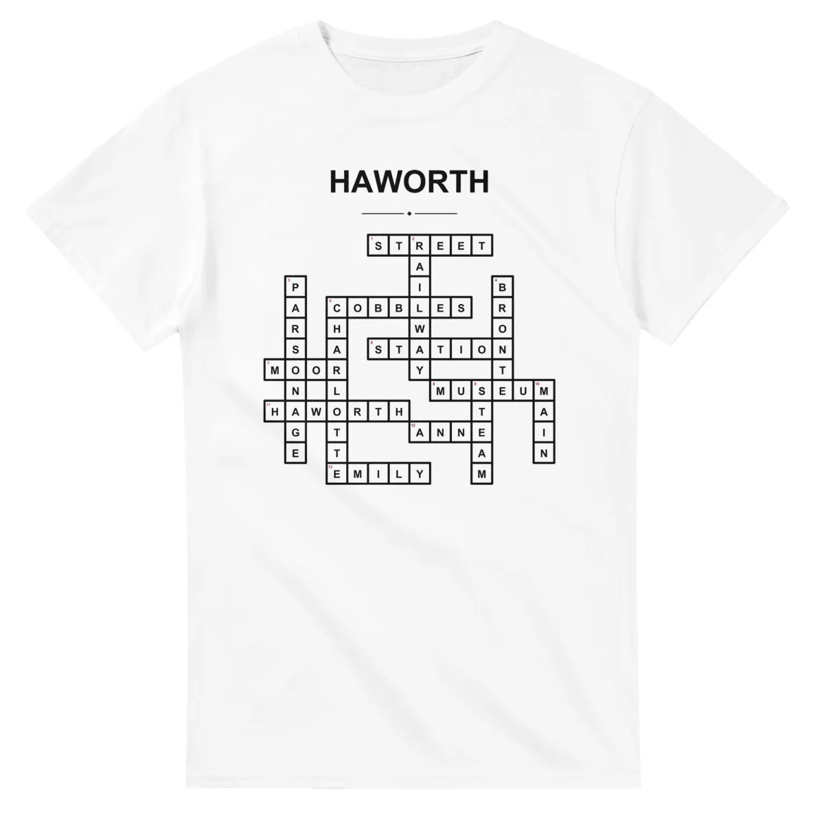 Monochrome crossword sheet for Haworth, with a large place-name heading, a letter grid, and numbered across and down clues.