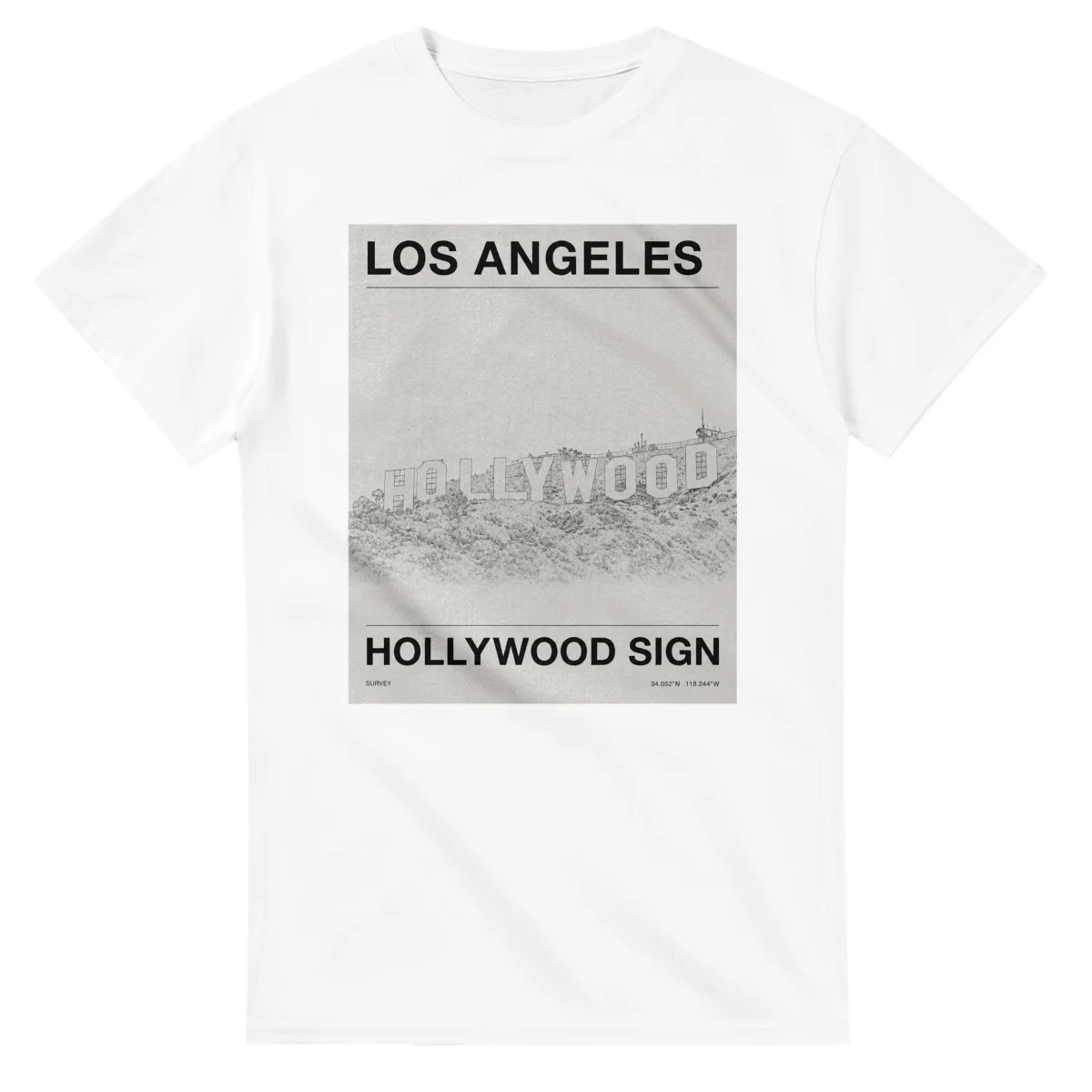 Fine-line engraving-style drawing for Los Angeles, with a landmark caption and small coordinate text.