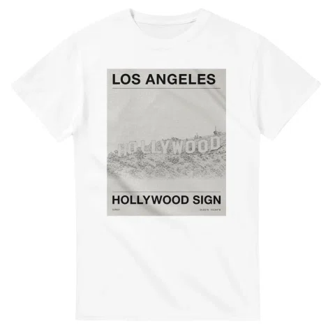 Fine-line engraving-style drawing for Los Angeles, with a landmark caption and small coordinate text.