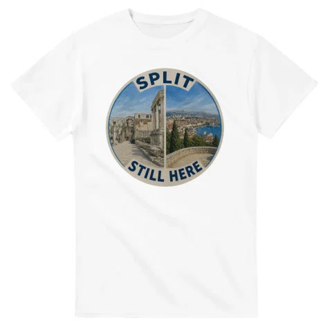 Painted, panelled scenic illustration for Split, with paired local scenes and the place name in lettering.