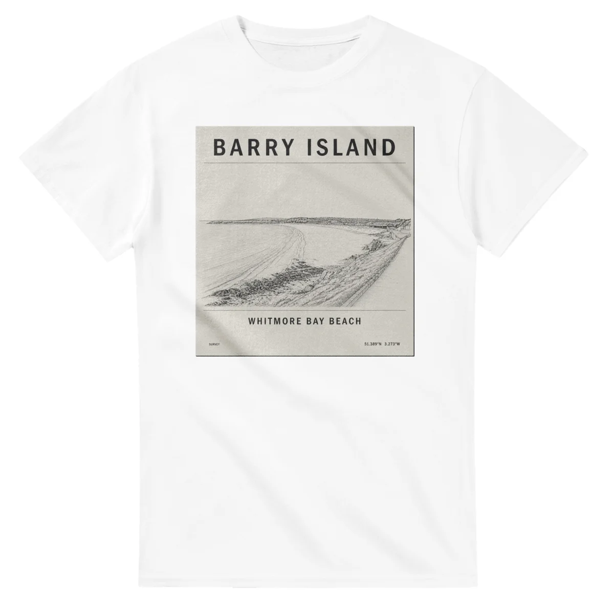 Fine-line engraving-style drawing for Barry Island, with a landmark caption and small coordinate text.