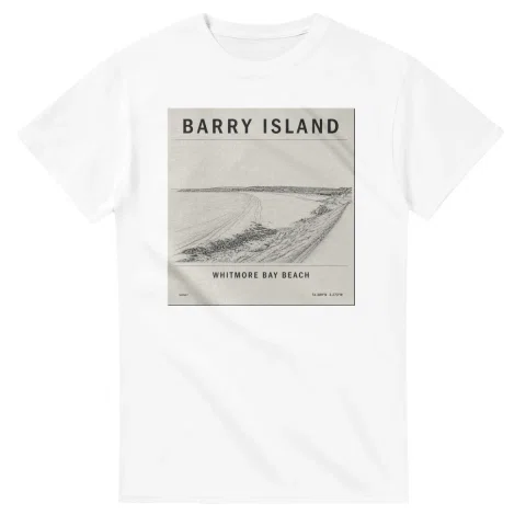 Fine-line engraving-style drawing for Barry Island, with a landmark caption and small coordinate text.