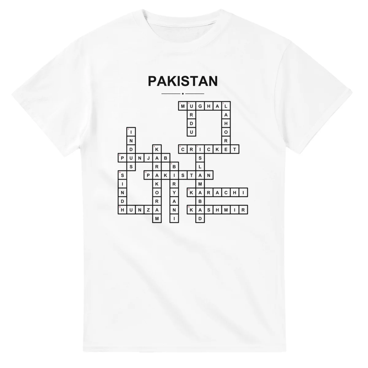 Monochrome crossword sheet for Pakistan, with a large place-name heading, a letter grid, and numbered across and down clues.