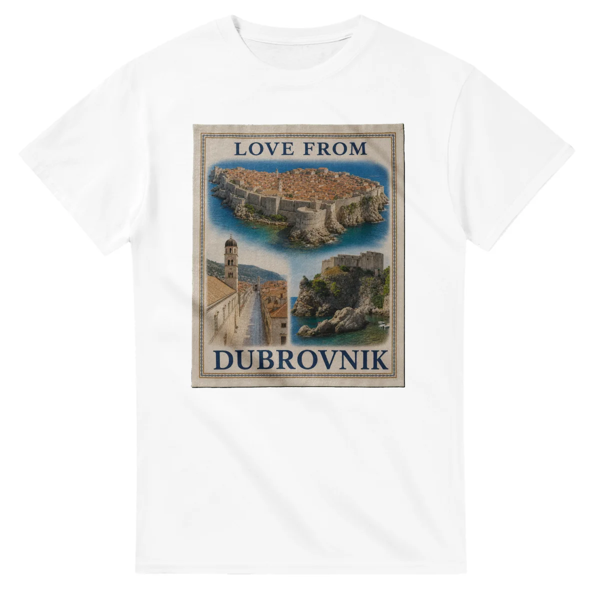 Framed scenic design for Dubrovnik, with several local views, a decorative border and LOVE FROM lettering.