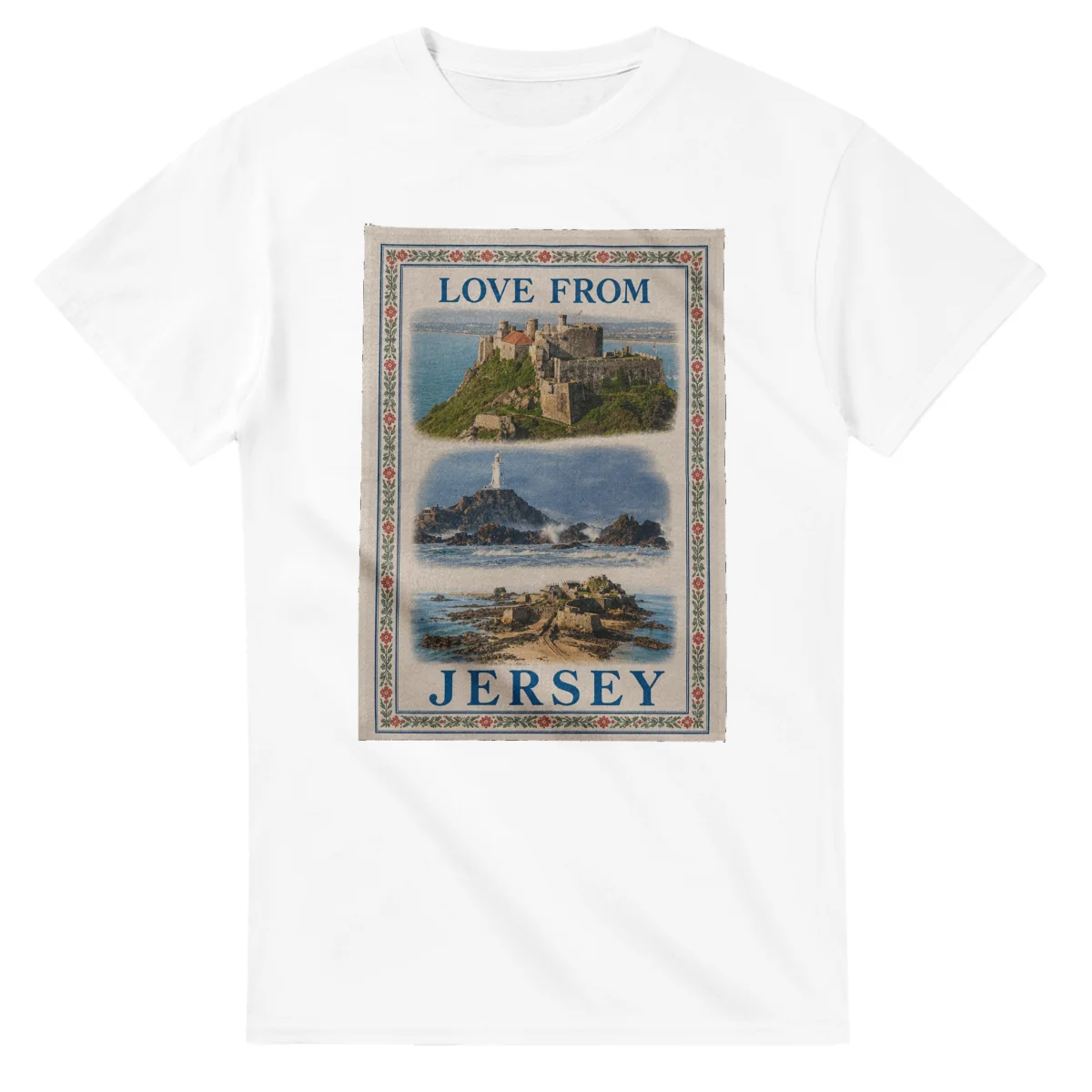 Framed scenic design for Jersey, with several local views, a decorative border and LOVE FROM lettering.
