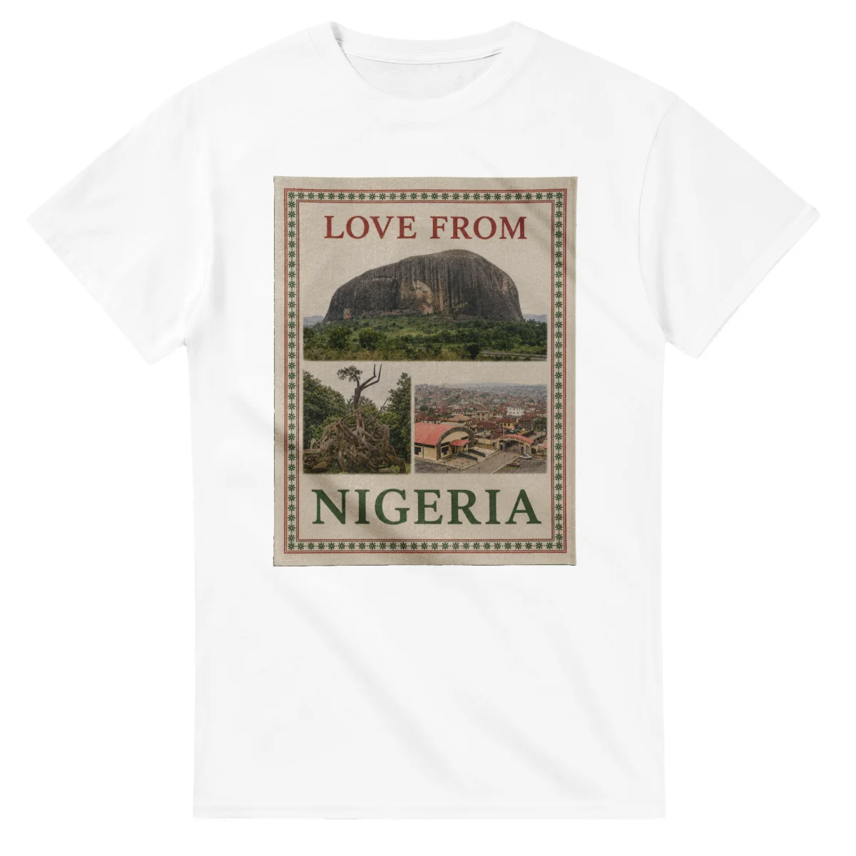 Framed scenic design for Nigeria, with several local views, a decorative border and LOVE FROM lettering.
