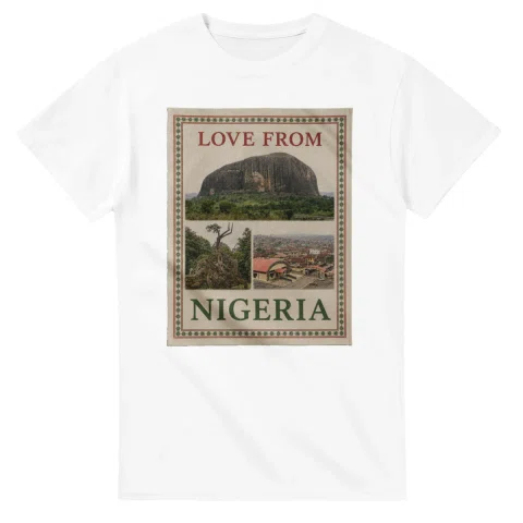 Framed scenic design for Nigeria, with several local views, a decorative border and LOVE FROM lettering.