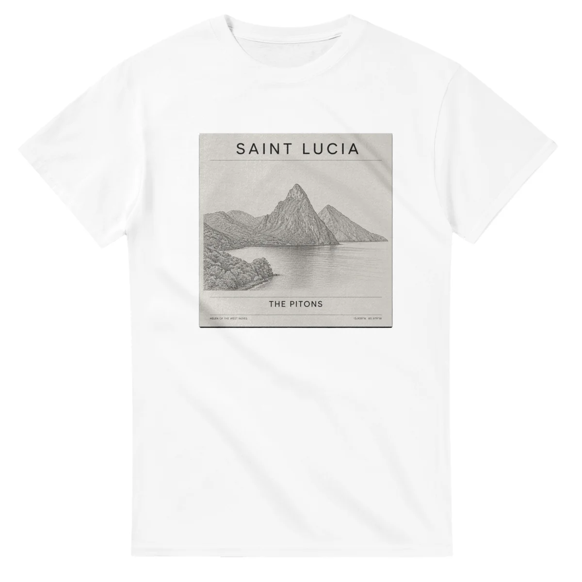 Fine-line engraving-style drawing for Saint Lucia, with a landmark caption and small coordinate text.