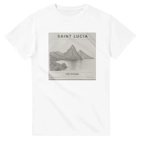 Fine-line engraving-style drawing for Saint Lucia, with a landmark caption and small coordinate text.