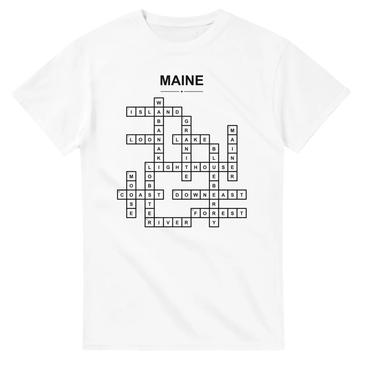Monochrome crossword sheet for Maine, with a large place-name heading, a letter grid, and numbered across and down clues.