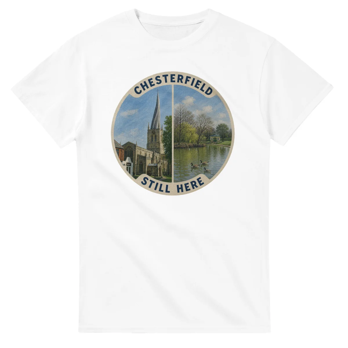 Painted, panelled scenic illustration for Chesterfield, with paired local scenes and the place name in lettering.