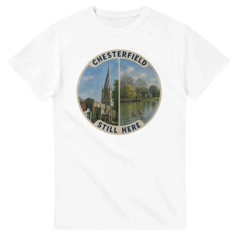 Painted, panelled scenic illustration for Chesterfield, with paired local scenes and the place name in lettering.