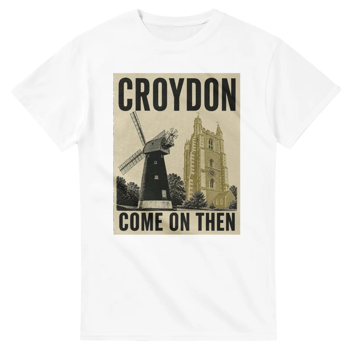 Two-colour scenic illustration for Croydon, with the place name and COME ON THEN lettering.