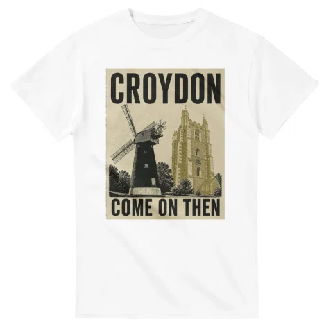 Two-colour scenic illustration for Croydon, with the place name and COME ON THEN lettering.