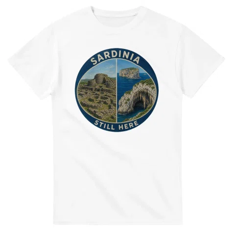 Painted, panelled scenic illustration for Sardinia, with paired local scenes and the place name in lettering.