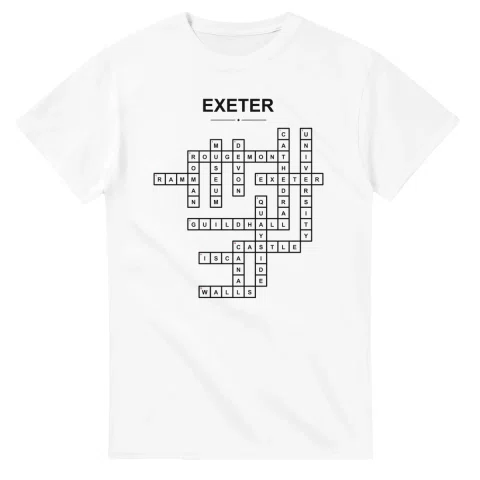 Monochrome crossword sheet for Exeter, with a large place-name heading, a letter grid, and numbered across and down clues.