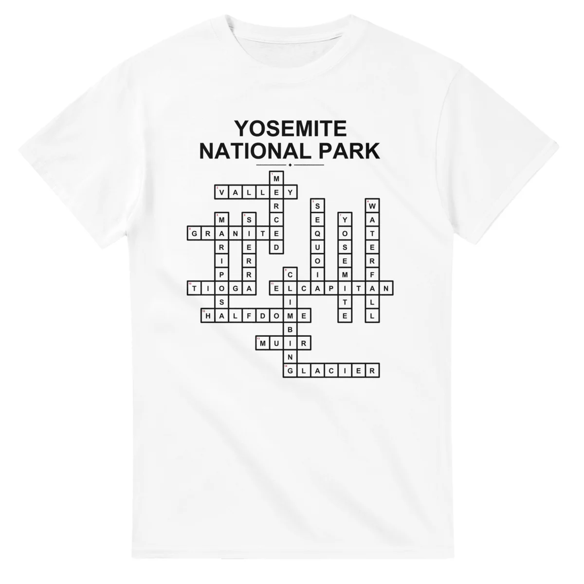 Monochrome crossword sheet for Yosemite National Park, with a large place-name heading, a letter grid, and numbered across and down clues.