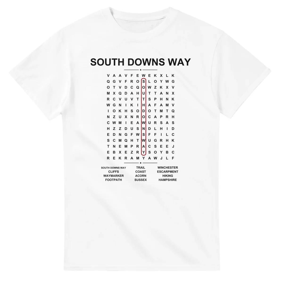 Word-search sheet for South Downs Way, with a large place-name heading, a letter grid, a local answer list, and a red highlighted example word.