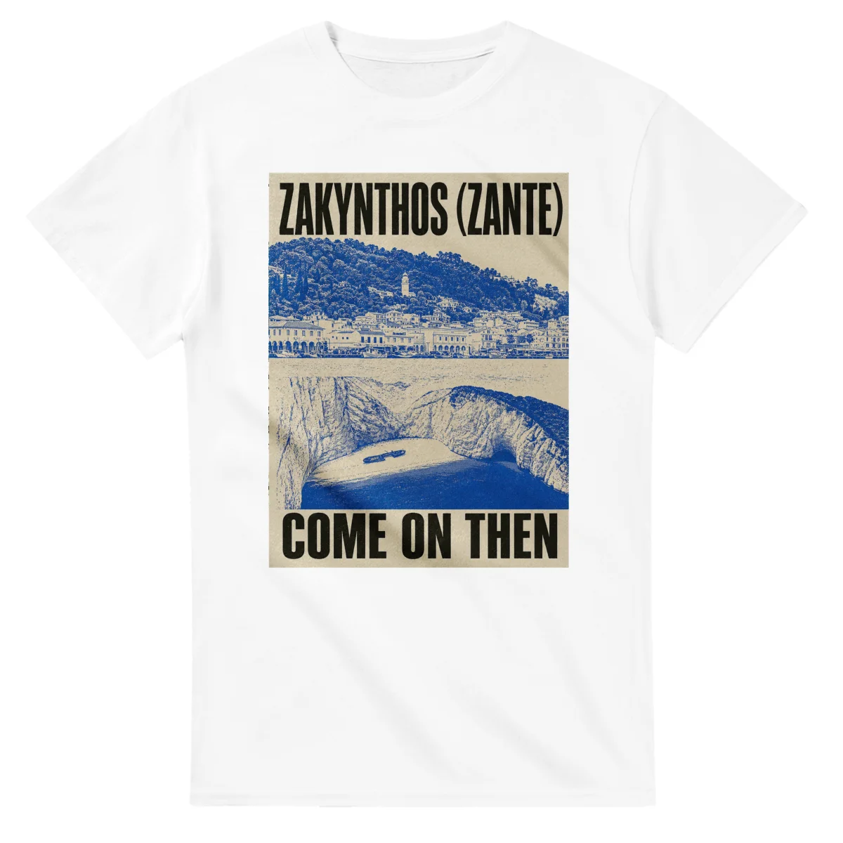 Two-colour scenic illustration for Zakynthos (Zante), with the place name and COME ON THEN lettering.