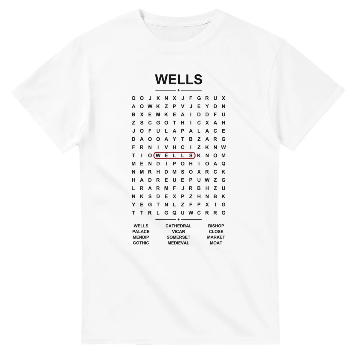 Word-search sheet for Wells, with a large place-name heading, a letter grid, a local answer list, and a red highlighted example word.
