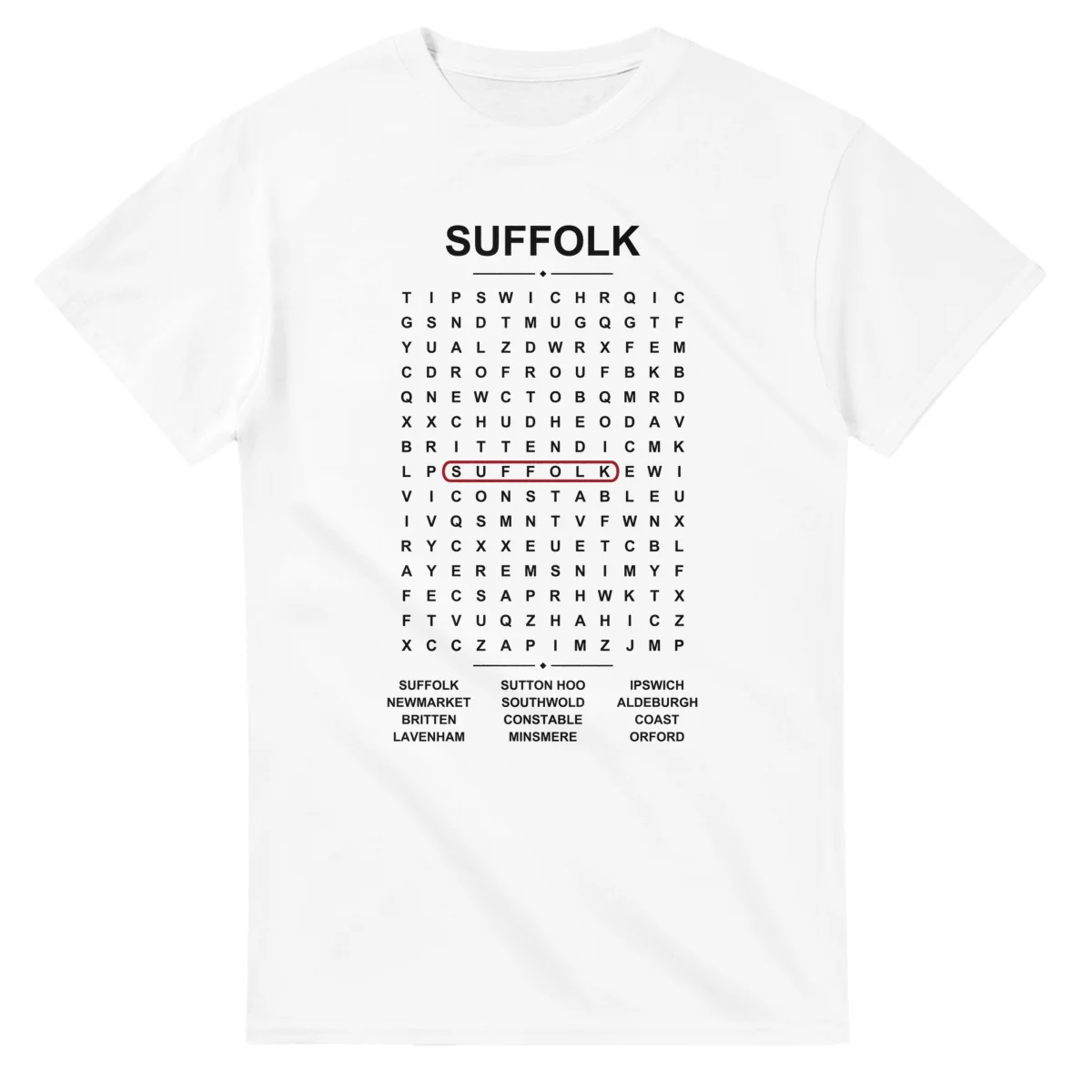 Word-search sheet for Suffolk, with a large place-name heading, a letter grid, a local answer list, and a red highlighted example word.