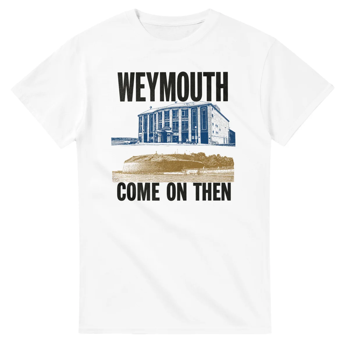 Two-colour scenic illustration for Weymouth, with the place name and COME ON THEN lettering.