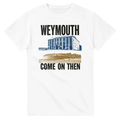 Two-colour scenic illustration for Weymouth, with the place name and COME ON THEN lettering.