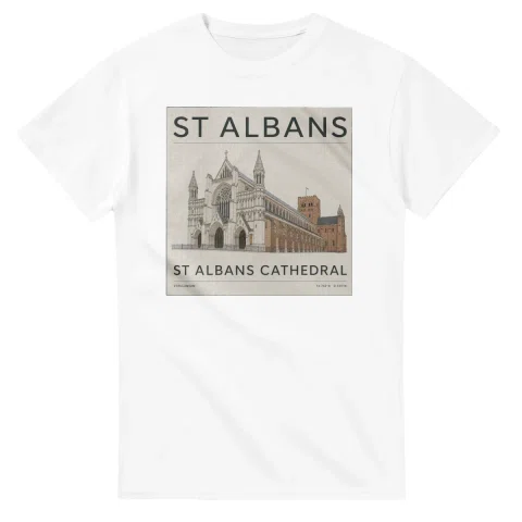 Fine-line engraving-style drawing for St Albans, with a landmark caption and small coordinate text.