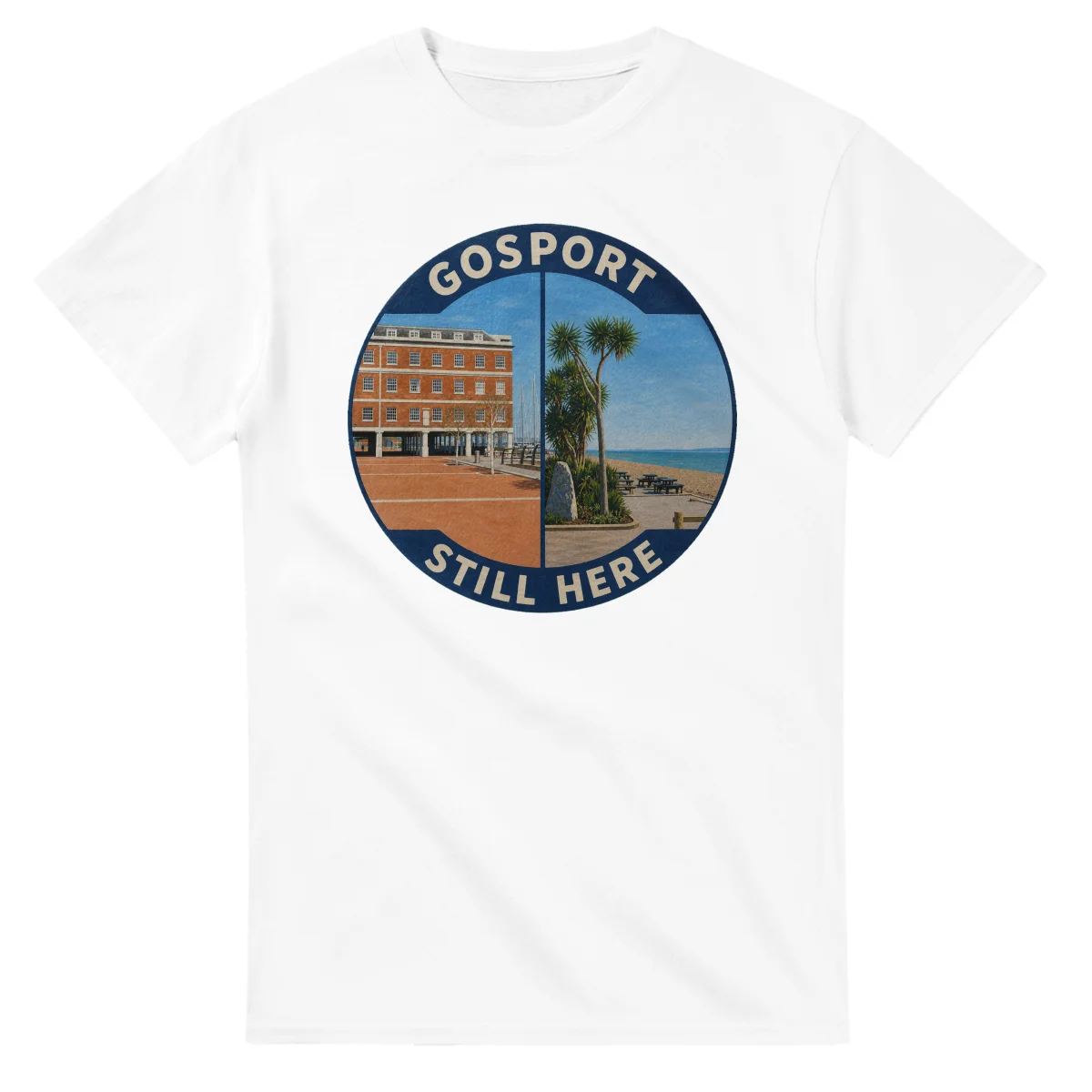 Painted, panelled scenic illustration for Gosport, with paired local scenes and the place name in lettering.