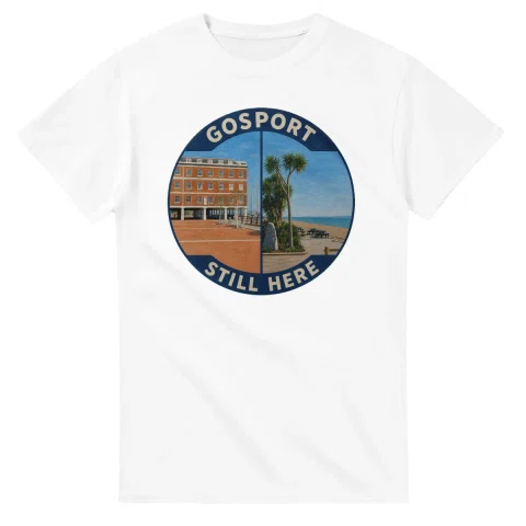 Painted, panelled scenic illustration for Gosport, with paired local scenes and the place name in lettering.