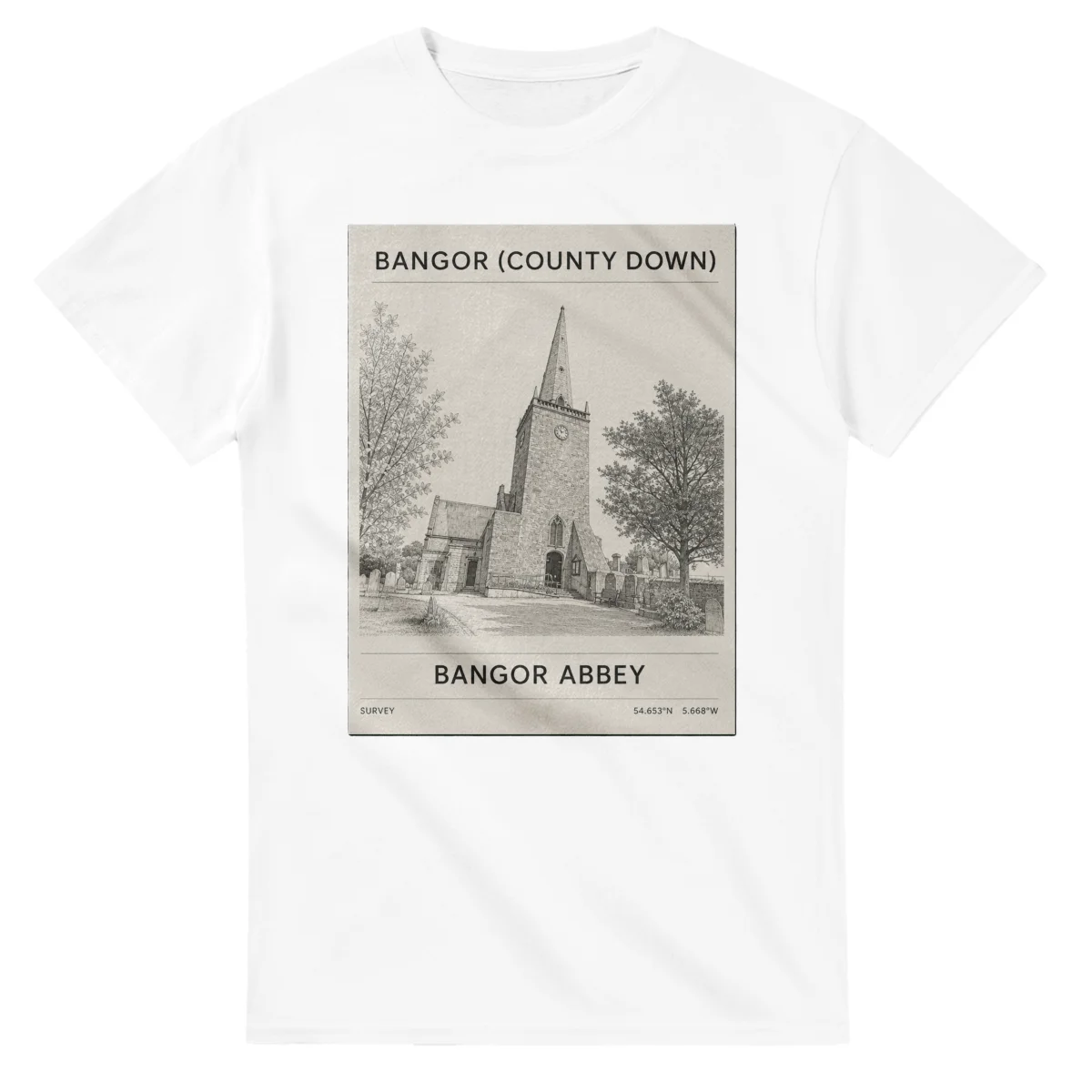 Fine-line engraving-style drawing for Bangor (County Down), with a landmark caption and small coordinate text.