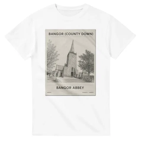 Fine-line engraving-style drawing for Bangor (County Down), with a landmark caption and small coordinate text.