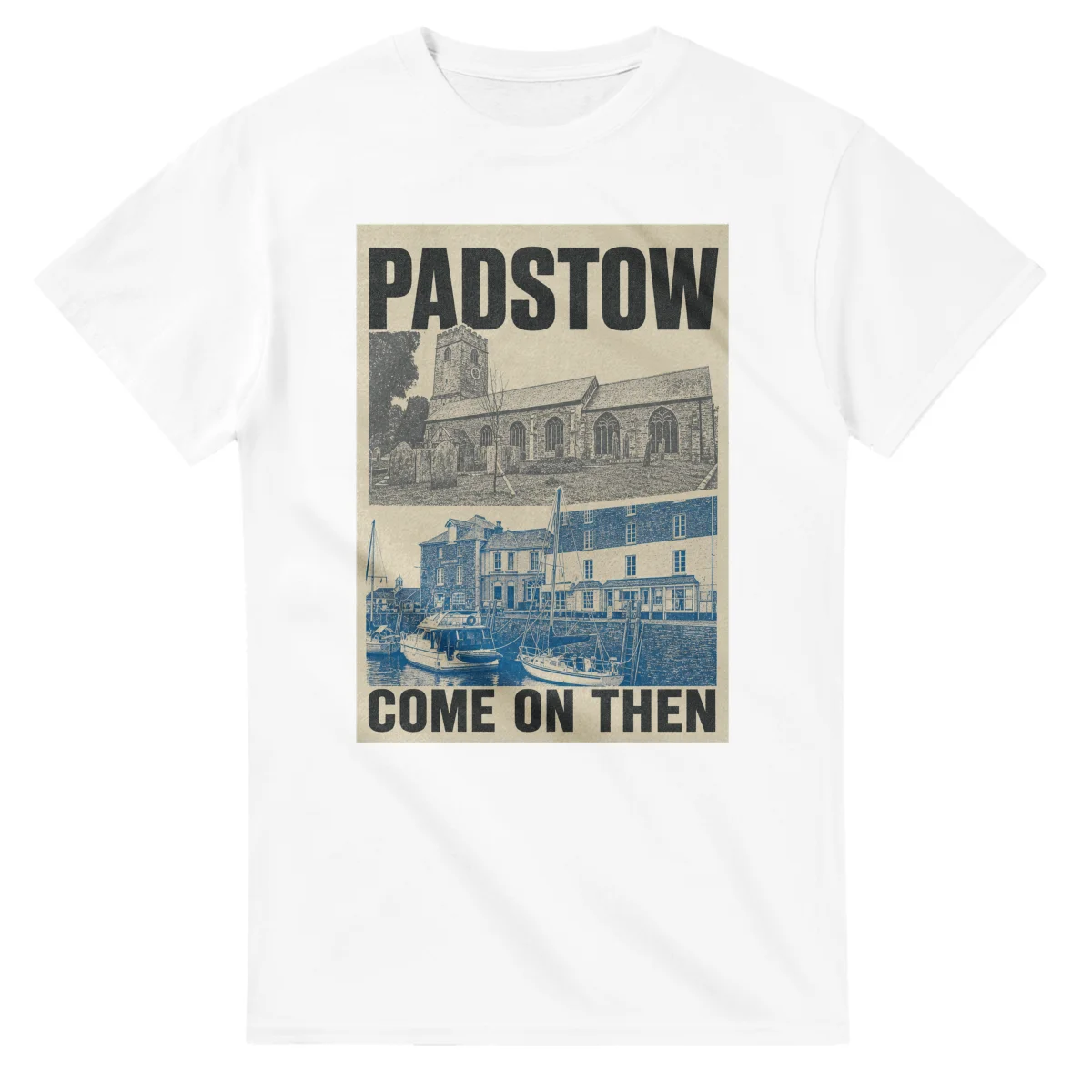 Two-colour scenic illustration for Padstow, with the place name and COME ON THEN lettering.