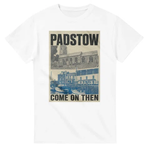 Two-colour scenic illustration for Padstow, with the place name and COME ON THEN lettering.