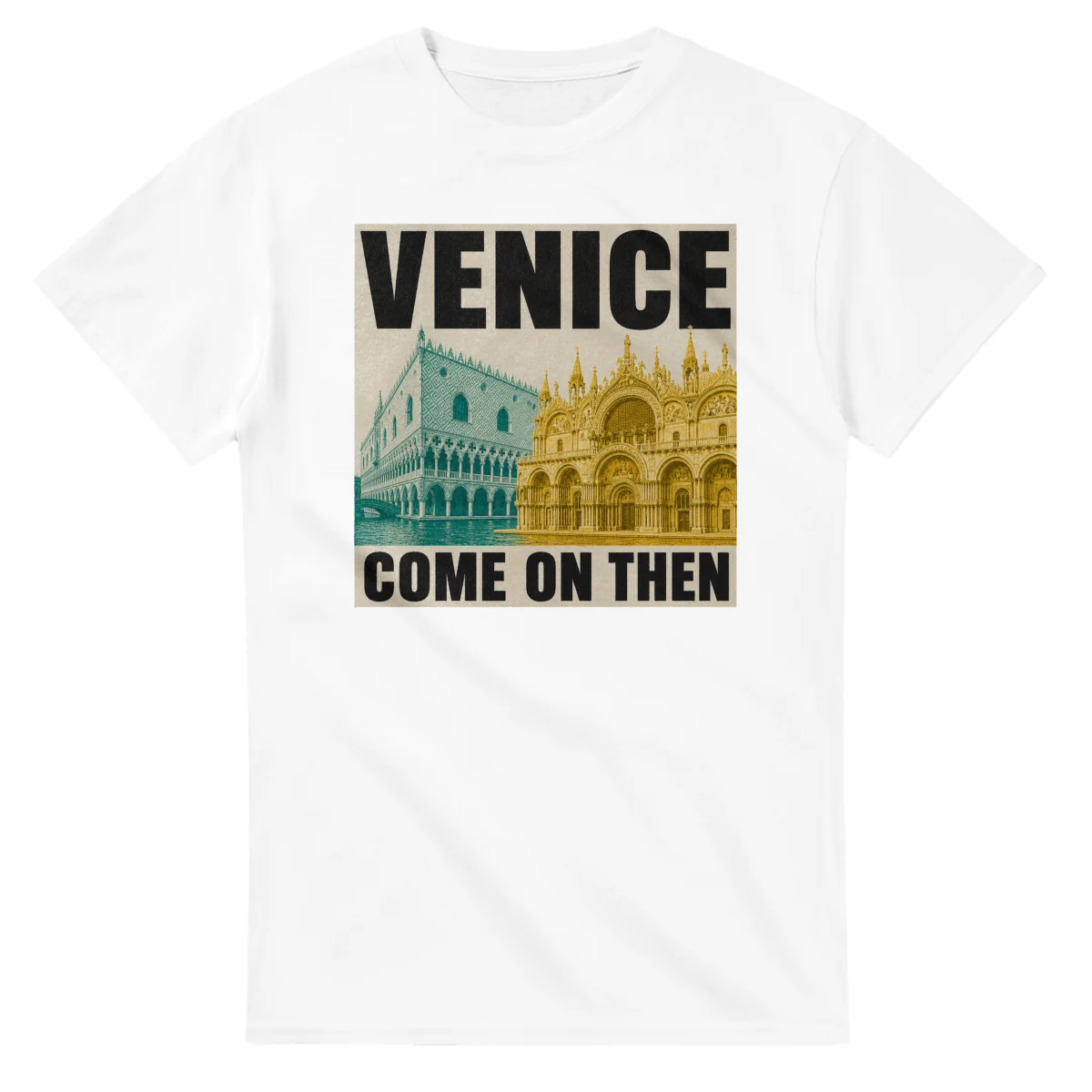 Two-colour scenic illustration for Venice, with the place name and COME ON THEN lettering.