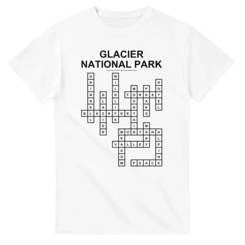 Monochrome crossword sheet for Glacier National Park, with a large place-name heading, a letter grid, and numbered across and down clues.