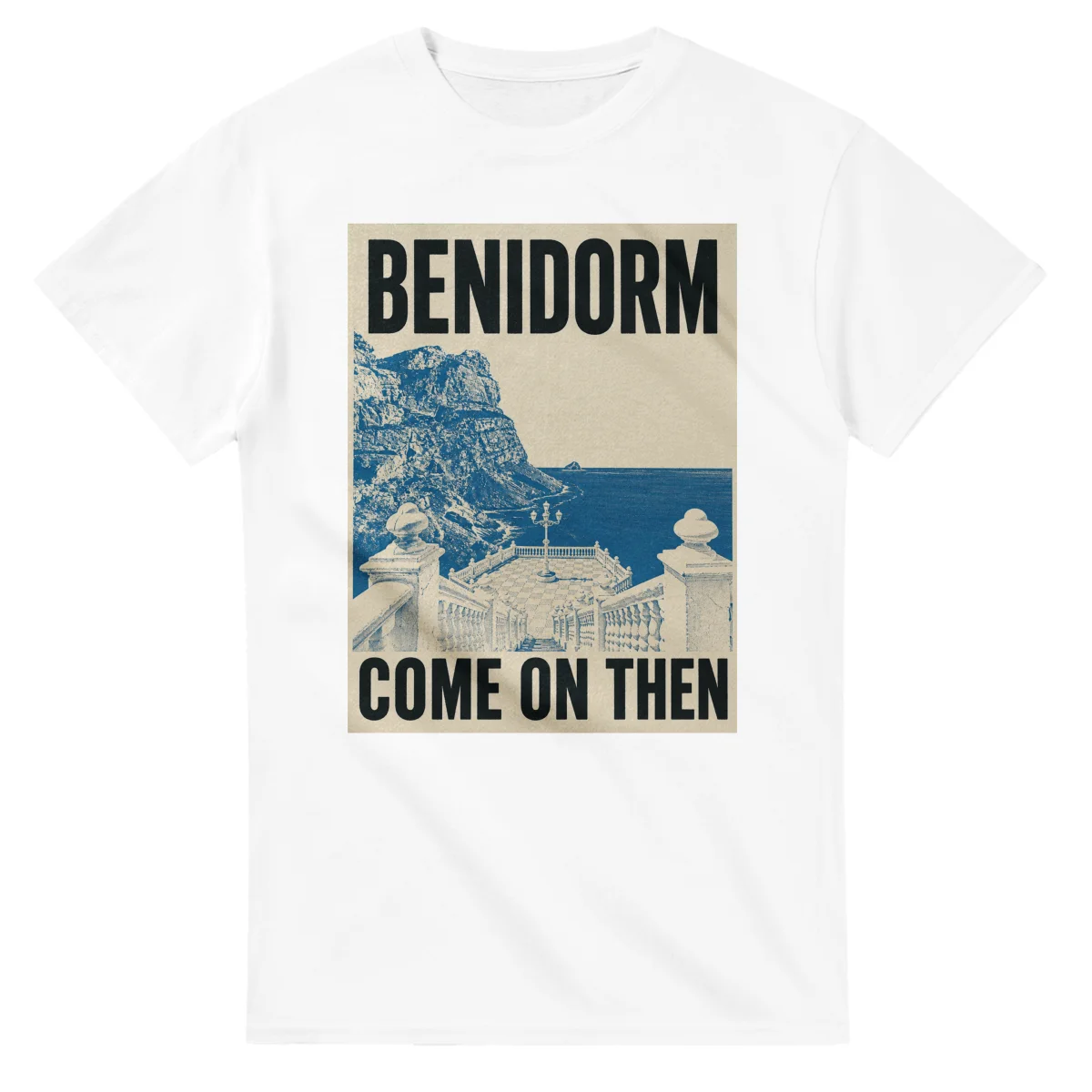 Two-colour scenic illustration with bold Benidorm and COME ON THEN lettering.